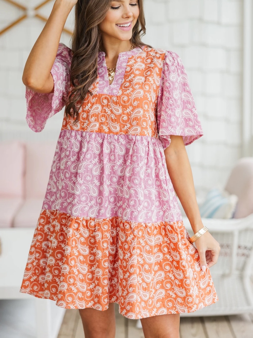 NWT Embroidered Floral Print Boho Colorblock Tiered Mini Dress Large